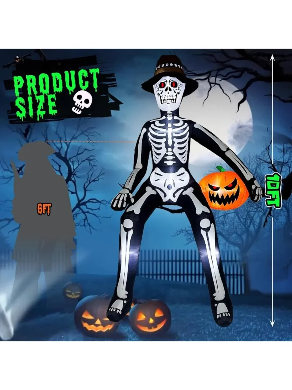 Giant 10 FT Halloween Skeleton Inflatable Decor with Pumpkin & LED Lights for
